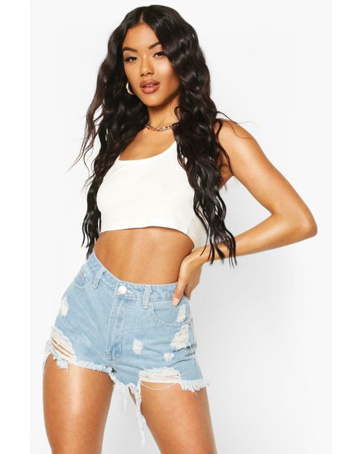 Boohoo High Rise Distressed Denim Mom Shorts In Blue Lyst