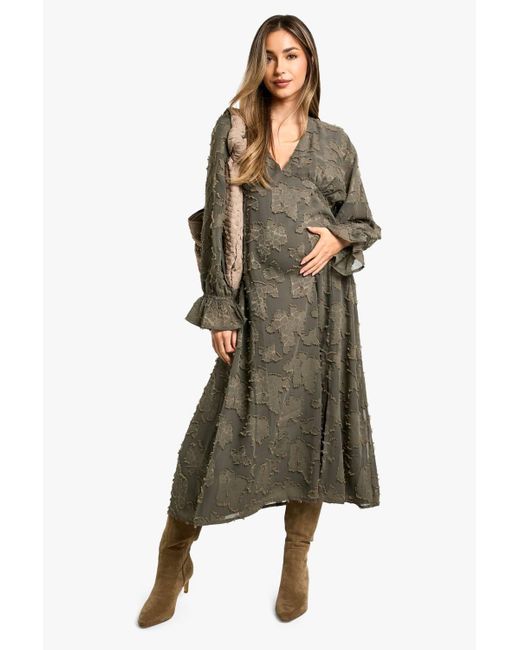 Boohoo Green Maternity Burn Out Long Sleeve Floaty Midaxi Dress