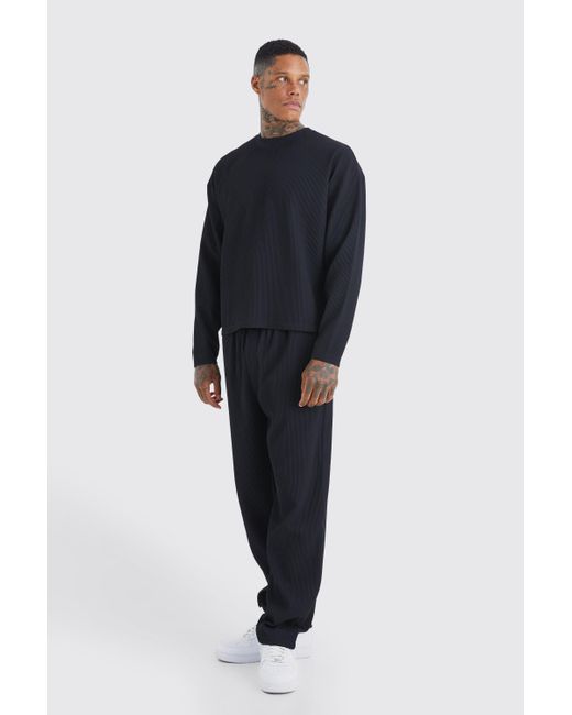 BoohooMAN Blue Pleated Long Sleeve Boxy T-shirt & Straight Pants Set for men