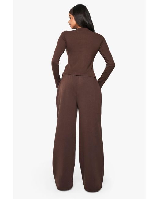 Boohoo Brown Rib Button Through Long Sleeve Top Tracksuit