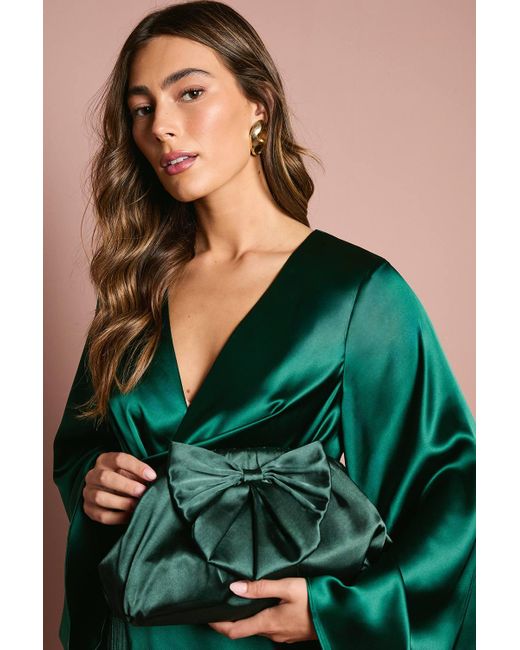 Coast Green Large Bow Satin Ruched Large Clutch Bag