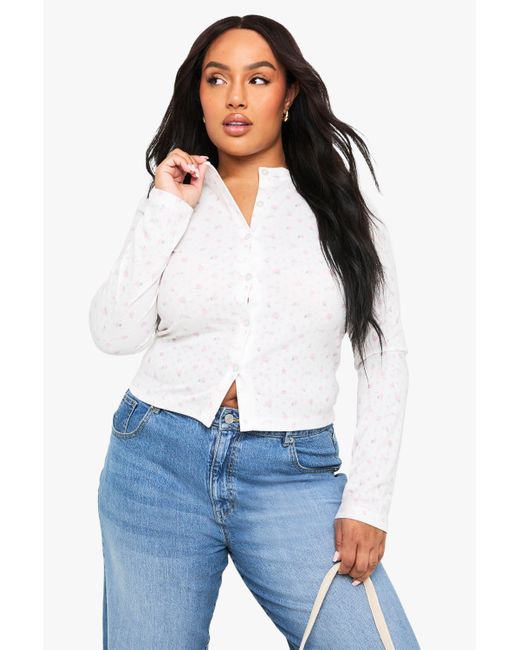 Boohoo White Plus Pointelle Ditsy Long Sleeve Button Down Fitted Top
