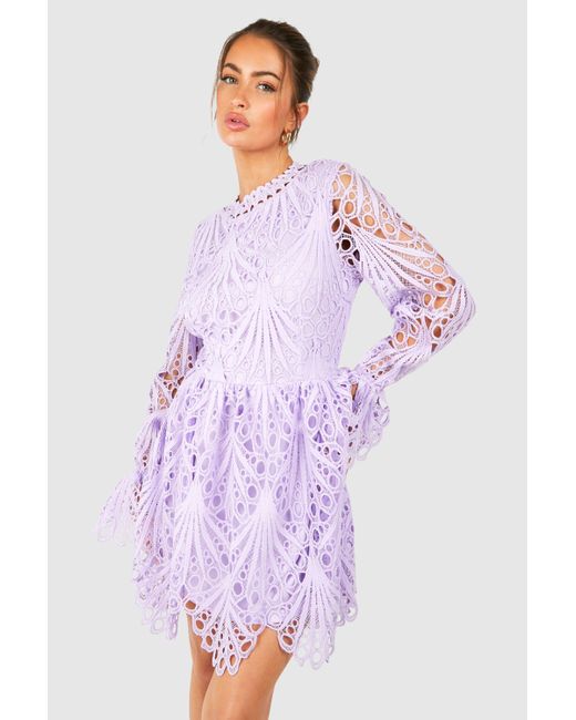 Boohoo Purple High Neck Flared Sleeve Lace Skater Dress