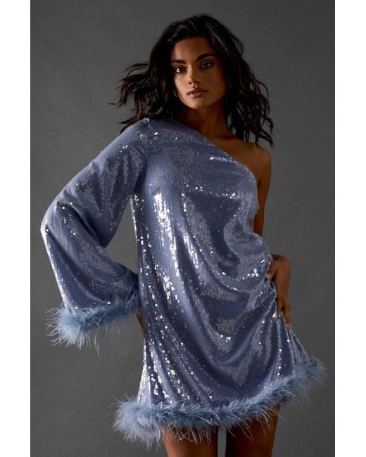 Warehouse Blue One Sleeve Sequin Mini Dress With Feather