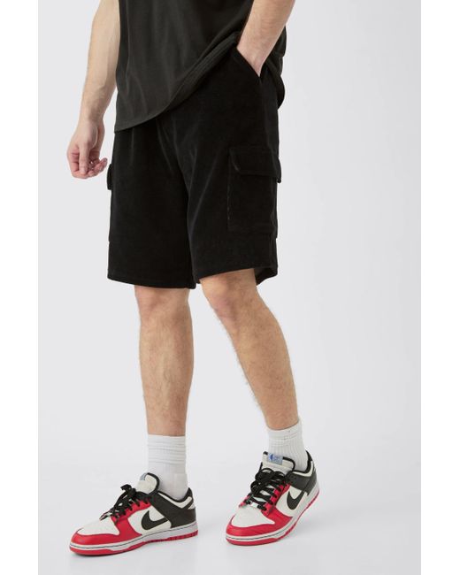 BoohooMAN Black Tall Elasticated Waist Velour Cargo Shorts for men