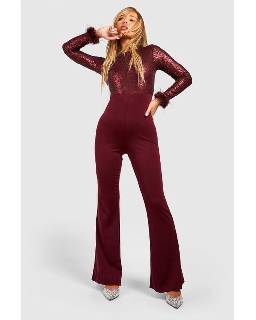 Boohoo Feather Cuff Sequin Jumpsuit in Red | Lyst