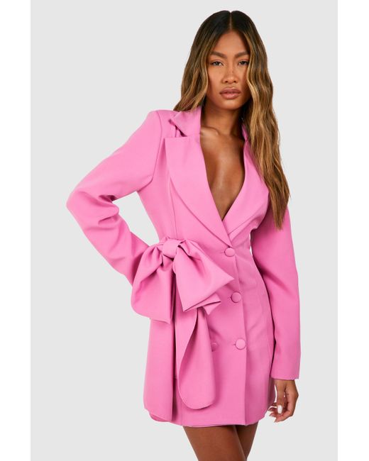 Boohoo Pink Bow Detail Double Breasted Blazer Dress
