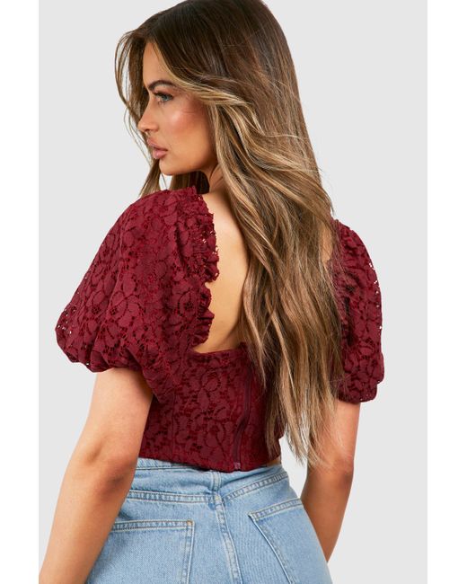 Boohoo Red Lace Puff Sleeve Corset