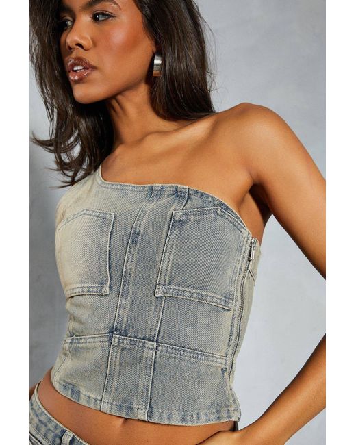 MissPap Gray Denim One Shoulder Deconstructed Top