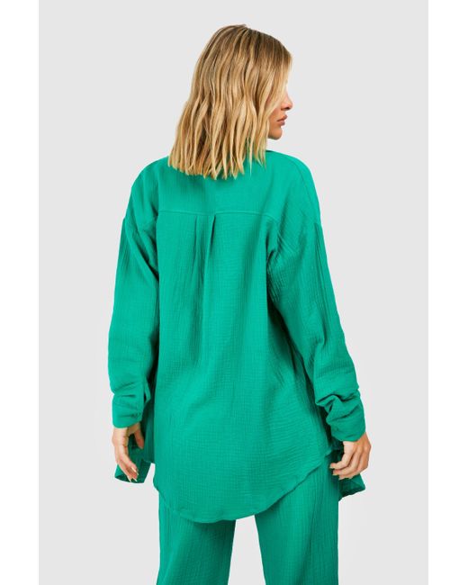 Boohoo Green Crinkle Cotton Oversized Beach Shirt