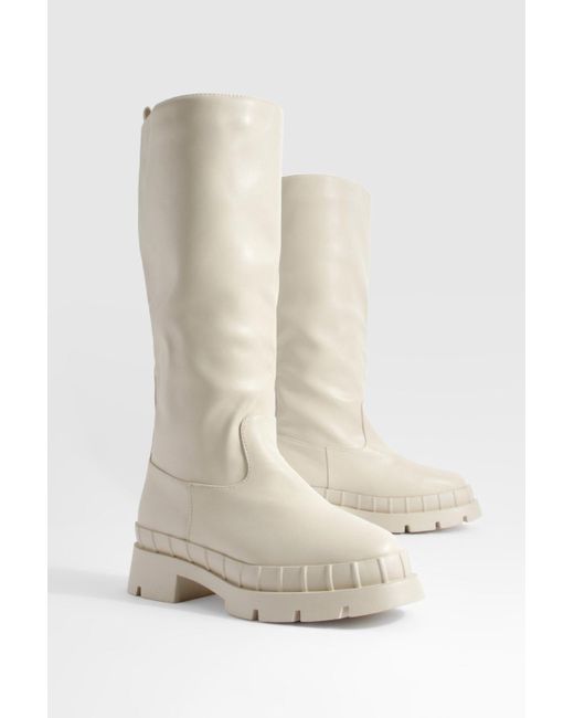 Boohoo White Wide Fit Chunky Sole Knee High Pull On Boots