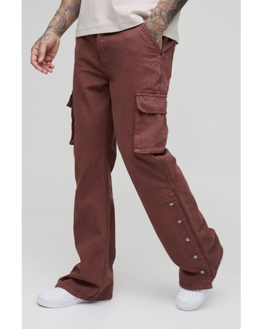 Boohoo Red Tall Relaxed Flare Overdye Popper Hem Cargo Trouser