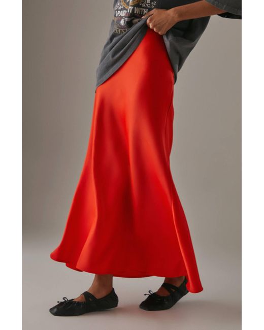 Warehouse Red Satin Bias Midi Skirt