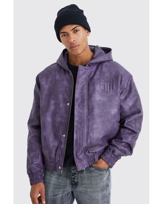 BoohooMAN Purple Washed Pu Bomber With Hood for men