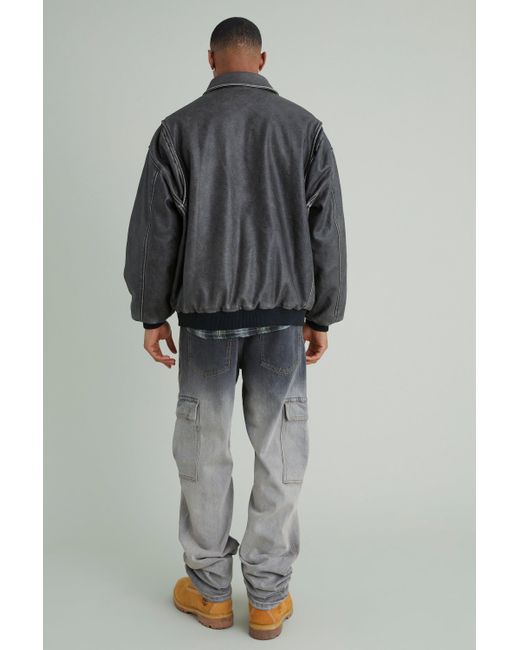 BoohooMAN Gray Oversized Distressed Pu Bomber With Panel for men