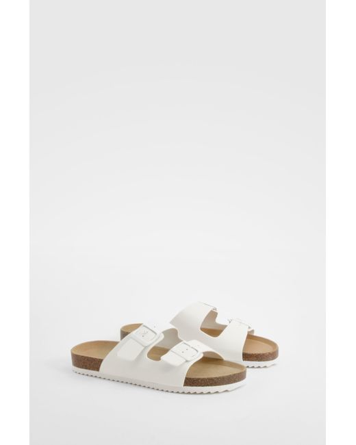 Boohoo White Double Strap Footbed Buckle Sliders