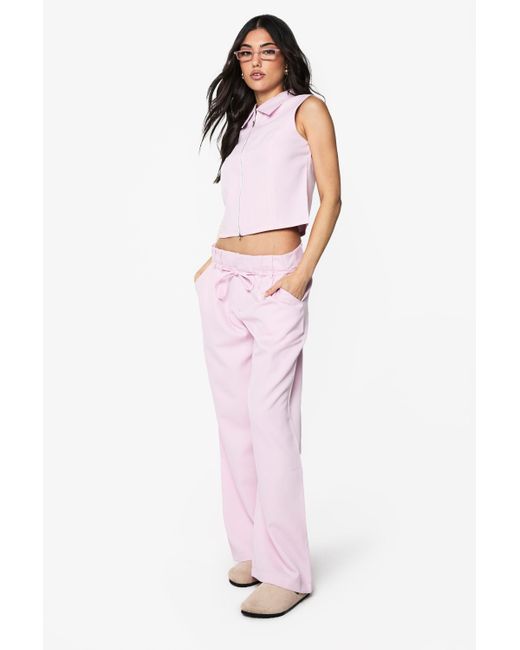 Boohoo Pink Woven Tailored Belted Wide Leg Trouser