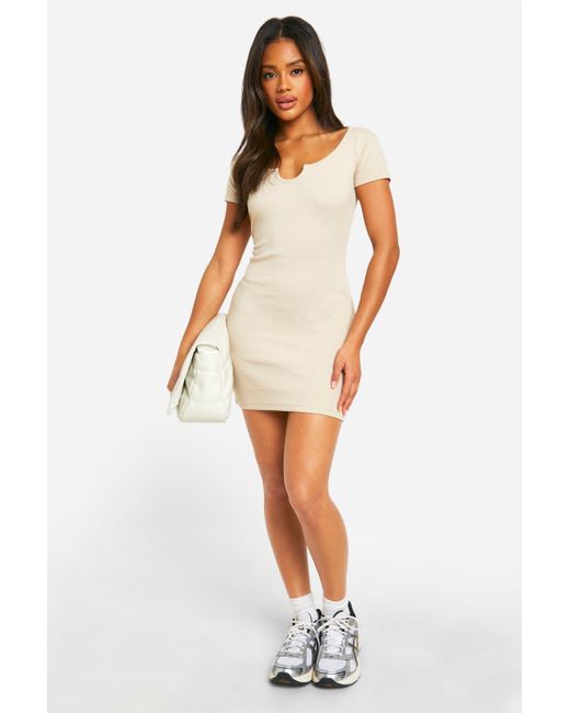 Basic Rib Notch Mini Dress Boohoo de color White