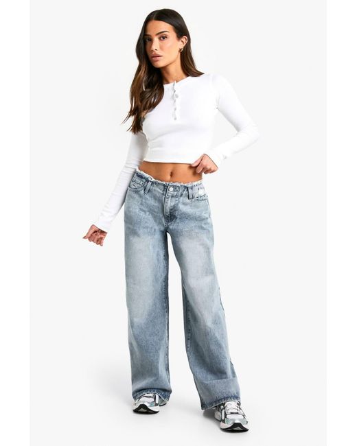Boohoo Blue Petite Raw Waistband Wide Leg Jeans