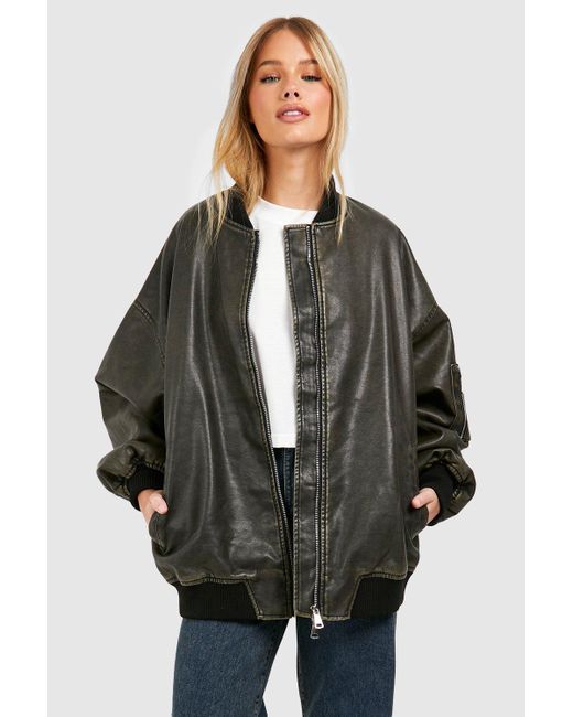 Boohoo Gray Vintage Look Oversized Faux Leather Bomber Jacket