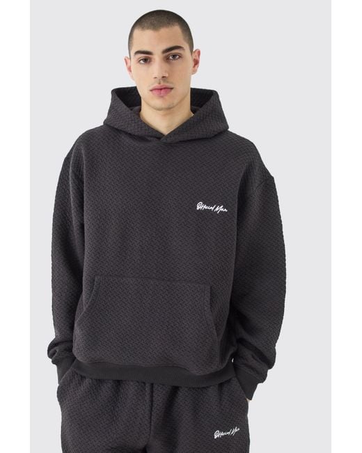BoohooMAN Oversized Boxy Jacquard Quilted Embroided Hoodie in Gray für Herren