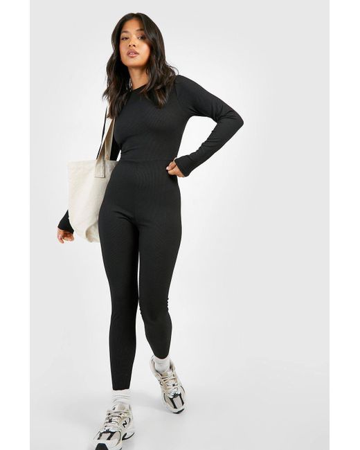 Boohoo Black Petite Basic Rib Scoop Neck Unitard