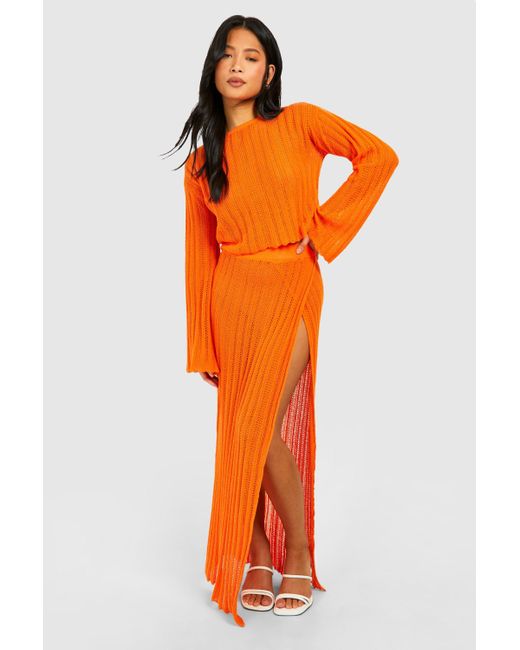 Boohoo Orange Petite Tie Back Top And Thigh Split Maxi Skirt