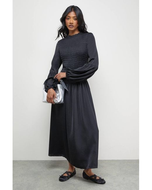 Oasis Blue Satin Shirred Bodice Balloon Sleeve Midi Dress