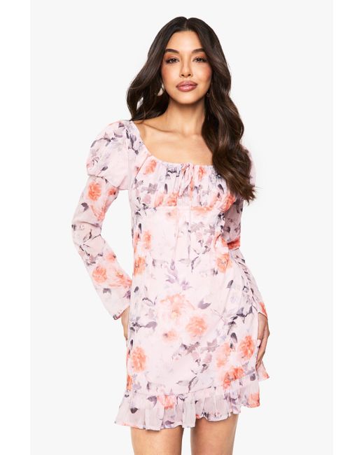 Boohoo Pink Floral Crinkle Chiffon Long Sleeve Mini Dress