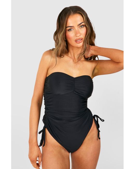 Boohoo Ruched Bandeau Tummy Control Bathing Suit in Black