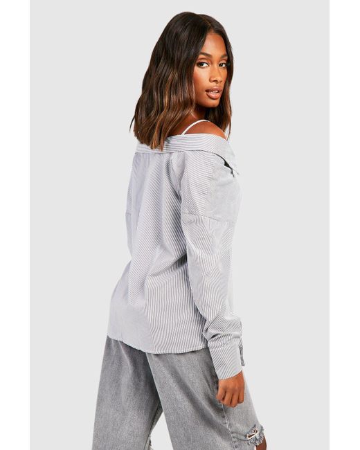 Boohoo Gray Off The Shoulder Oversized Shirt