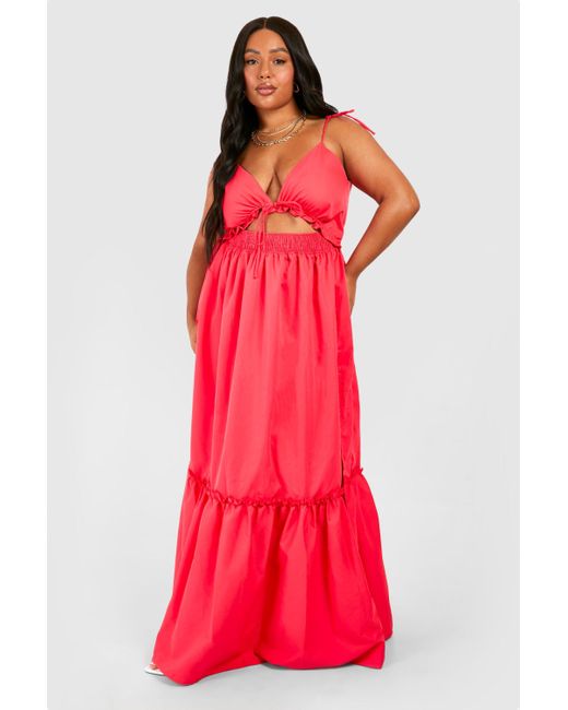 Boohoo Plus Woven Tie Front Tiered Smock Maxi Dress