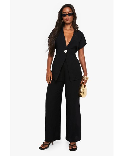Boohoo Black Linen Look Button Detail Top And Wide Leg Trouser Co-Ord