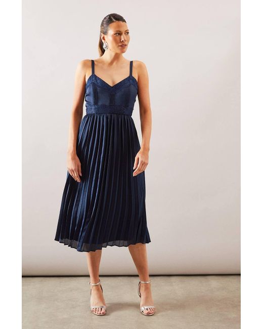 Wallis Women's Blue Lace Trim Pleated Strappy Midi Dress
