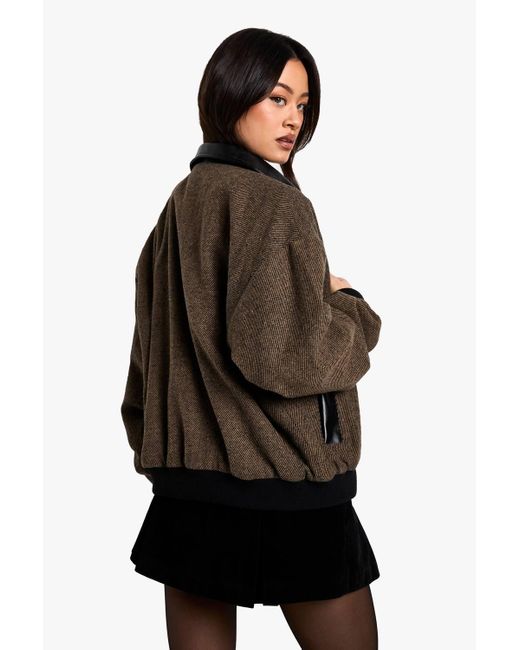Boohoo Black Tall Contrast Pu Trim Wool Look Bomber Jacket