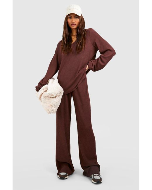 Boohoo Brown Tall Textured Relaxed Open Collar Top And Wide Leg Trouser