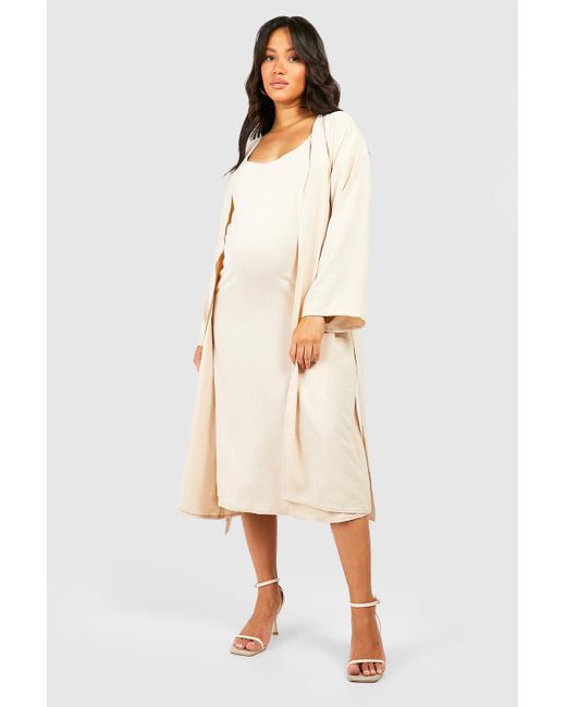 Boohoo Natural Maternity Textured Strappy Midi Dress And Belted Kimono