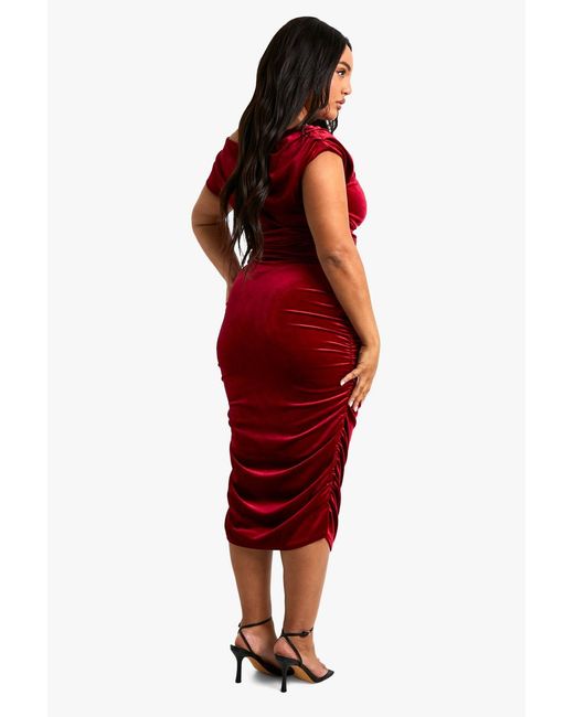 Boohoo Red Plus Velvet Asymmetric Ruched Midi Dress