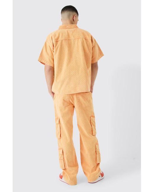 BoohooMAN Baggy Multi Pocket Acid Wash Cord Pants In Orange for men