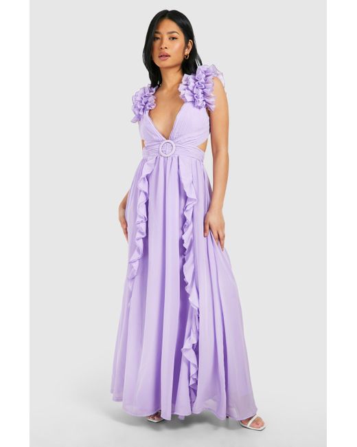 Boohoo Purple Petite Ruffle Shoulder Occasion Maxi Dress