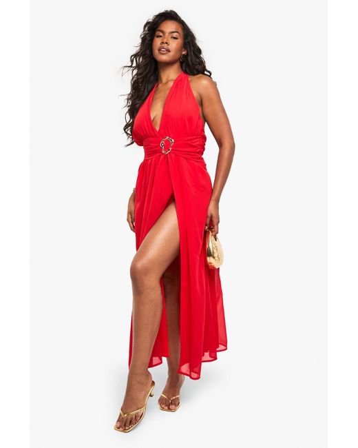 knee length dresses for ladies Red Ruched Sides Slit Maxi Dress Small main image 0