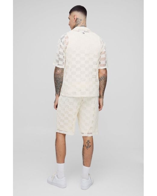 BoohooMAN Natural Tall Check Open Stitch Relaxed Fit Shorts for men