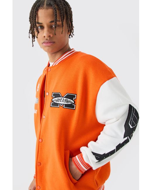 BoohooMAN Oversized Moto Applique Jersey Bomber Jacket in Orange für Herren