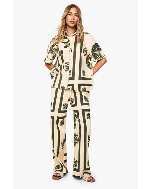 Boohoo Women's Metallic Shell Print Linen Wide Leg Pants