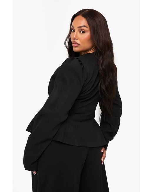 Boohoo Black Plus Button Puff Sleeve Blazer