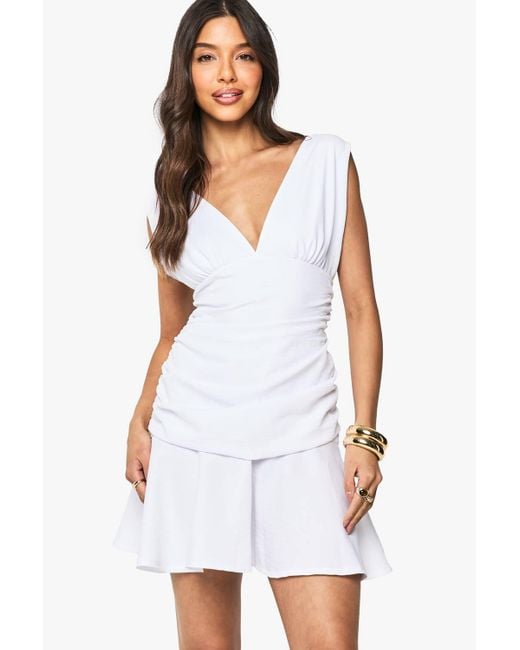 white ruched frill detail strappy skater dress Pretty Days Ahead Ruffle Eyelet trend finish White Ruched Frill Detail White