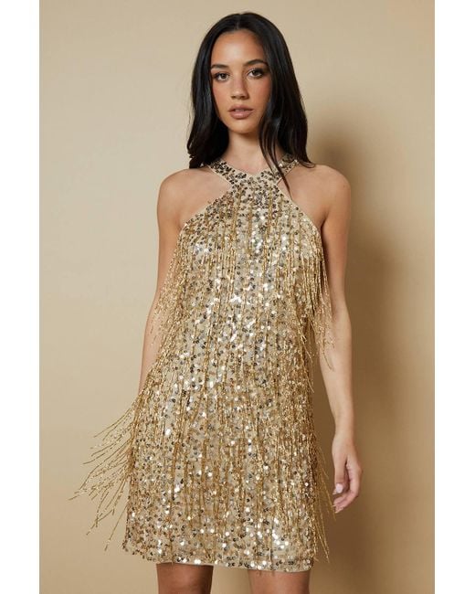 Oasis Natural Fringe Embellished Halter Neck Mini Dress