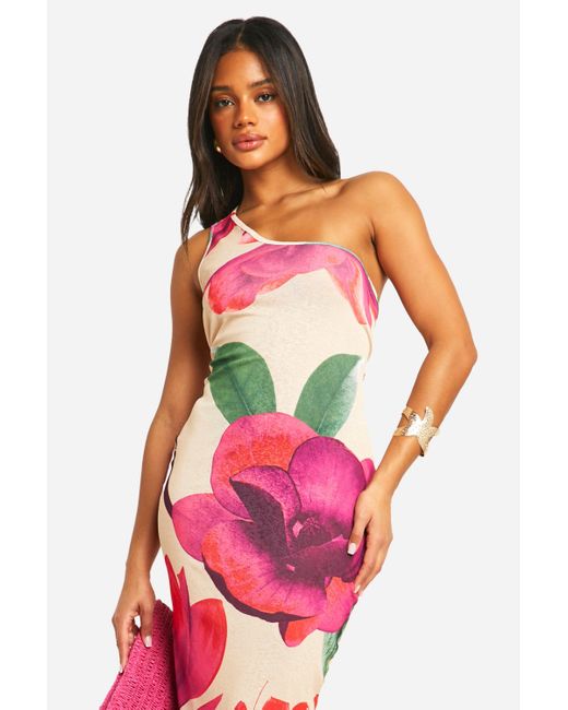 Sheer Floral One Shoulder Open Back Maxi Dress Boohoo de color Pink