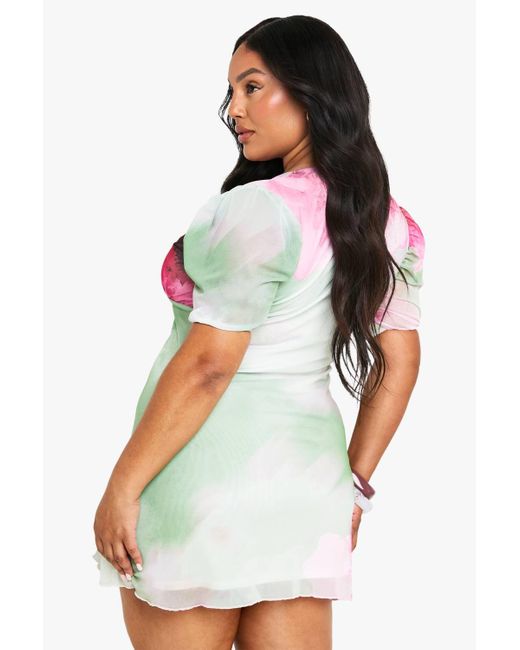 Boohoo White Plus Floral Mesh Puff Sleeve Mini Dress