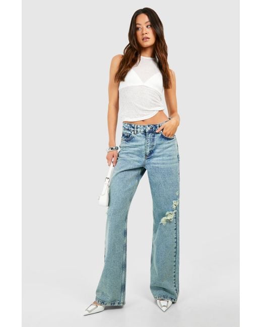 Boohoo Tall Light Blue Washed Ripped Wide Leg Jeans